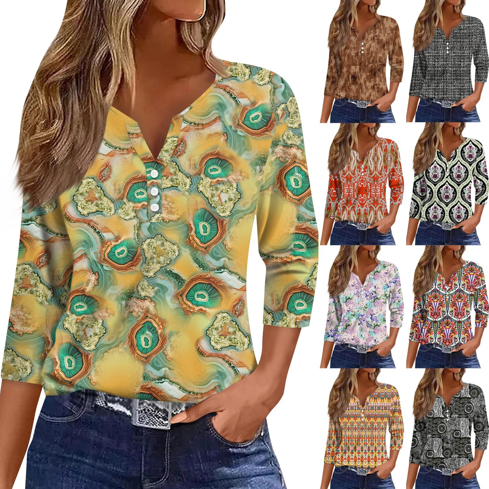 

3/4 Length Sleeve Women s Tops Print Vintage Fashion Casual Loose With V Neck Plus Size Shirts Tops M