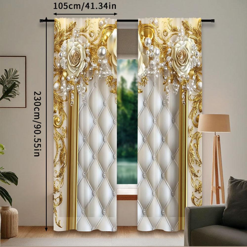 2Pcs Golden Flower Curtain Elegant European Style Suitable For Living Room Dining Room Kitchen Bedroom Bathroom Study Room