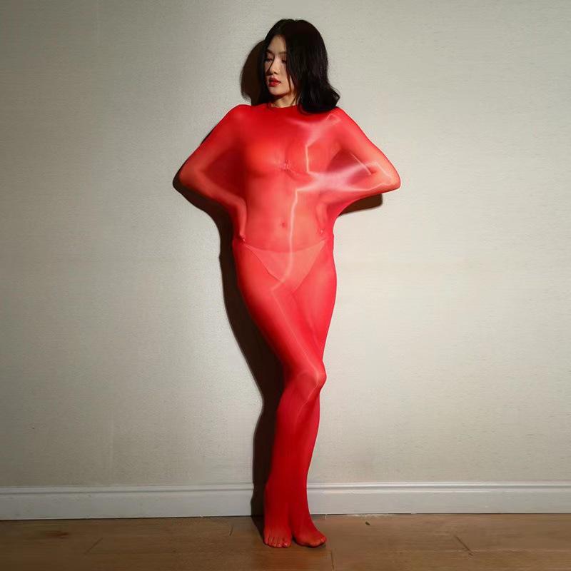 5D Ultrathin Seamless Women's Full Coverage Bodysuit and Stockings Set - Plus Size, Sexy Black, and White Oily Sheen Design.