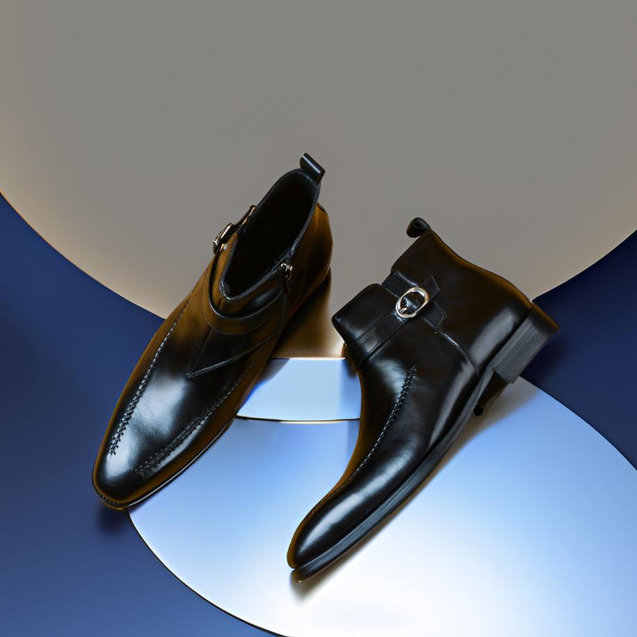 Mode Homme Luxe Cuir Véritable Bottines Chelsea Cheville Haut de Gamme Slip-On Sangle à Boucle Bout Ailé Noir Chaussures Basiques Bottines Homme