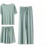3pcs/Set Ice Silk Ladies Pajama Set Ladies Homewear Simple Casual Comfortable Loose Short Sleeve Shorts Pants Set School Pajamas