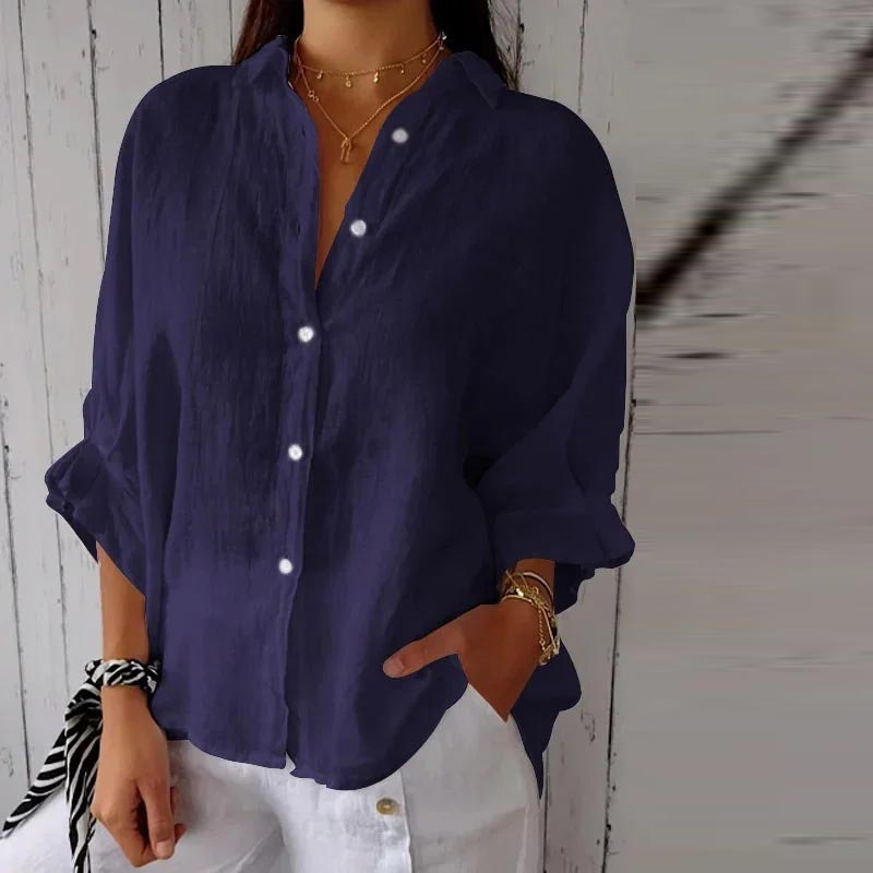 

Жіноча весняна бавовняна лляна сорочка з дизайном на краватці, однобортні жіночі вільні повсякденні блузки Повсякденний стиль для поїздок L темно-синього кольору