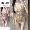 Thai Retro Niche Cute Sweet Girl Plaid Blue Bikini Three-piece Swimsuit Woman