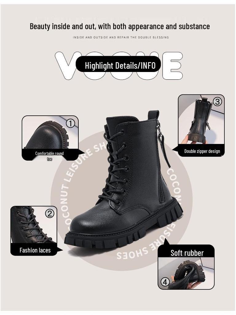 Winter 2025 Girls' Ankle Martin Boots with Velvet, Leather Princess Style for Little and Big Kids