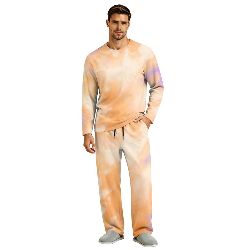 Men's Pajama Set Long Sleeve Top and Pants with Button Fly and Elastic Drawstring Waist