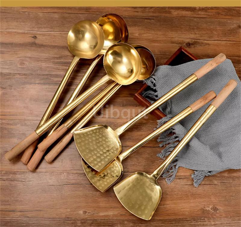 big long pure copper spatula shovel chef cooking cocina utensilios blade Kitchen Utensil Wooden Handle Turner Soup Spoon wok
