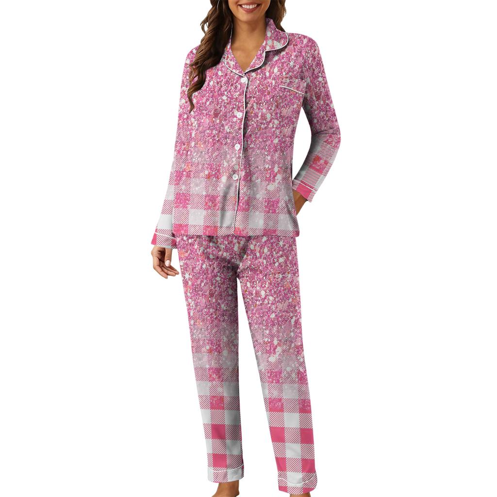 Damen Casual Mode Karomuster Patchwork Druck Langarm Hose Loungewear Set
