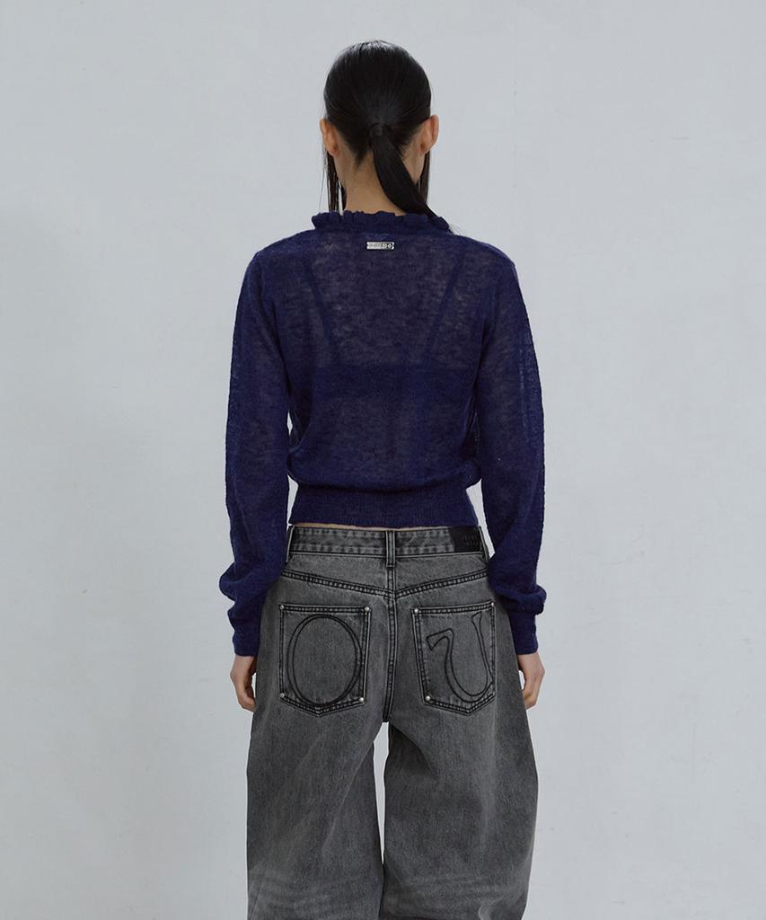 Uusoo Kid Mohair Lace V-Neck Cardigan_ Navy