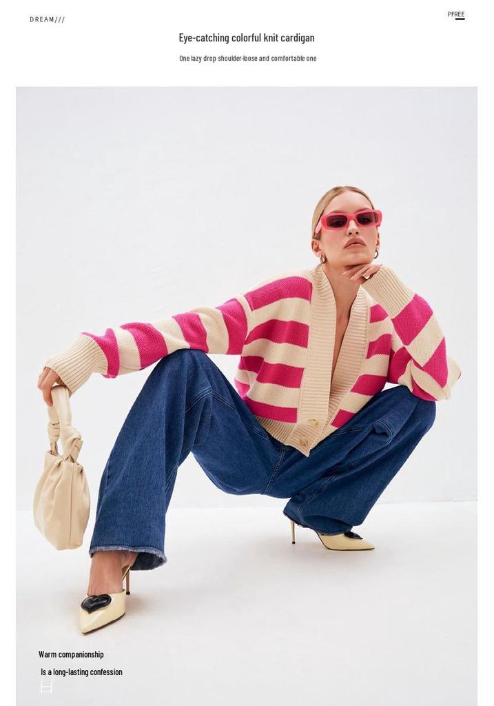 2025 Spring Women's Color Block Knit Cardigan - Loose Fit, Europe & America Style Sweater
