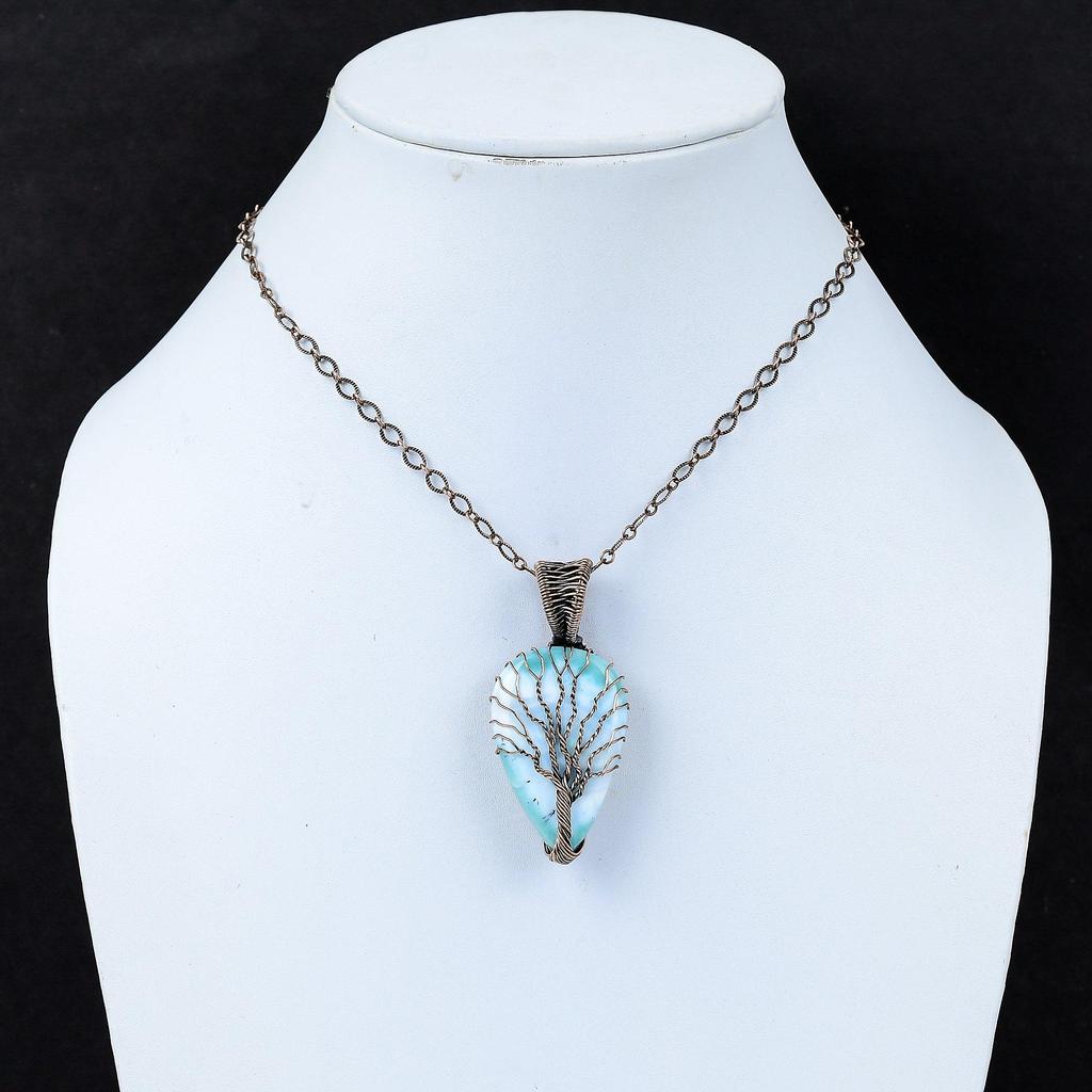 Wunderschöner Lebensbaum Larimar Edelstein Reiner Kupferdraht Wickel Handgefertigter Schmuck Anhänger