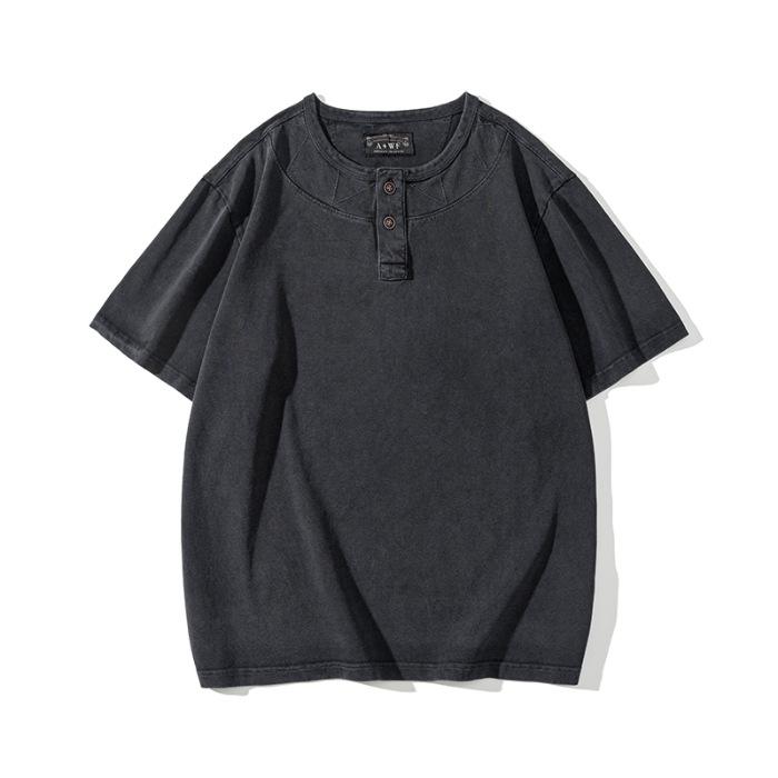 Retro Short-sleeved T-shirt Men's Summer Pure Cotton Top Solid Color Loose Round Neck Half-sleeved Shirt