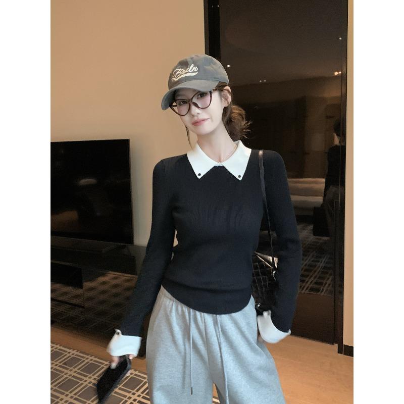 Contrasting color fake two-piece olo lapel knitted sweater women's autumn and winter slim-fitting long-sleeved front shoulder inner top sweater