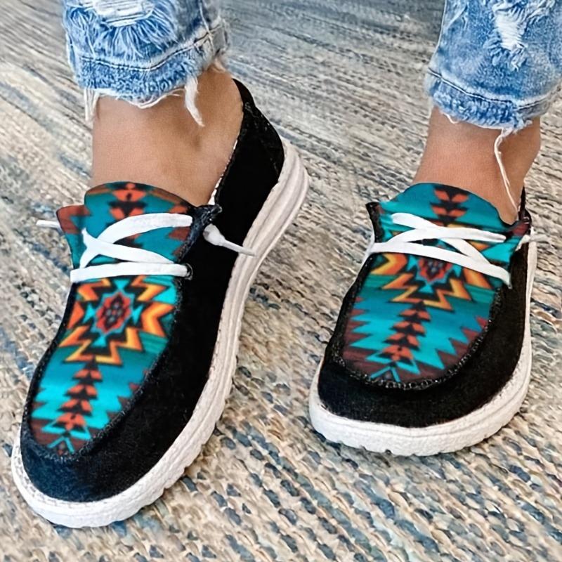 Women'S Black Geometric Slip-On Loafers - Casual Fabric Upper with Vibrant Teal, Orange Brown Pattern, Round Toe Design, Comfortable EVA Sole