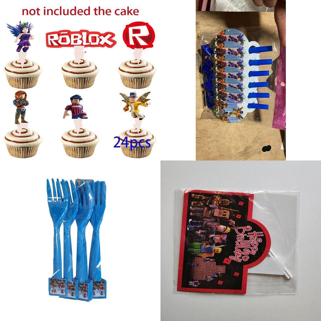 Suprimentos vibrantes para festa temática Roblox para celebrações de aniversário de crianças com banners e toppers de bolo