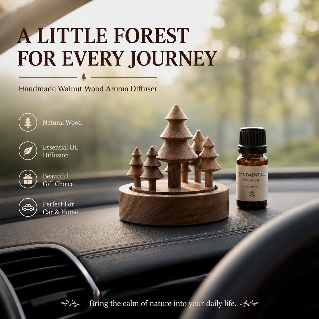 Handmade Walnut Wood Forest Aroma Diffuser – Natural Essential Oil Diffuser for Car, Home & Office, Decorative Wooden Fragrance Gift