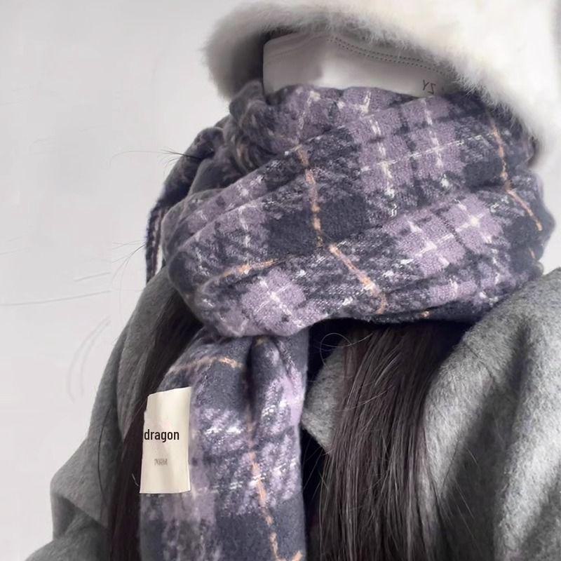 Women's Winter Plaid Scarf, Japanese-Korean Style, Warm & Thick, Versatile Shawl for Couples & Students
