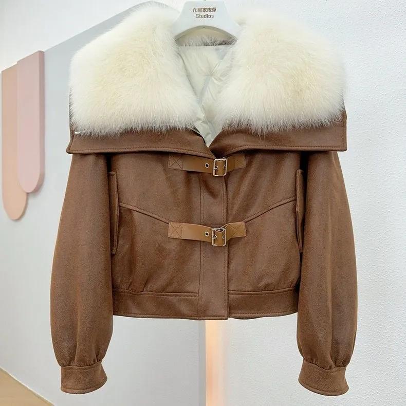 

Женское зимнее пальто из искусственного лисьего меха, корейская версия, мотоциклетное теплое толстое пуховое пальто, женский парка, короткий топ XXS