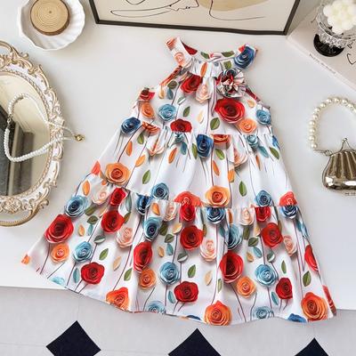 Fashion New Girls' Dress Summer Sleeveless Halter Neck Floral Print Children's Dress Korean Style Hot-Selling Kids' Clothing