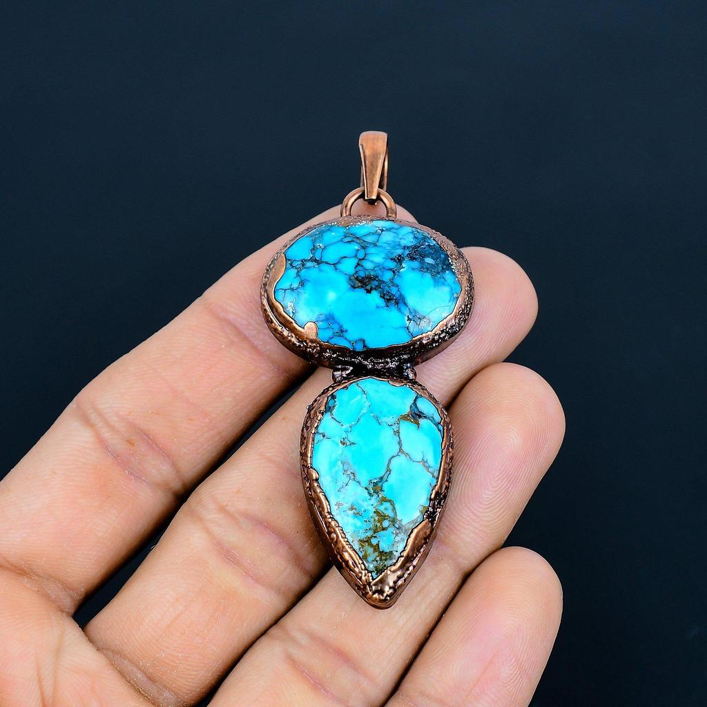 Blue Turquoise Handmade Gemstone Pendant, Copper Electroformed Antique Jewelry Pendant, For Engagement Gift