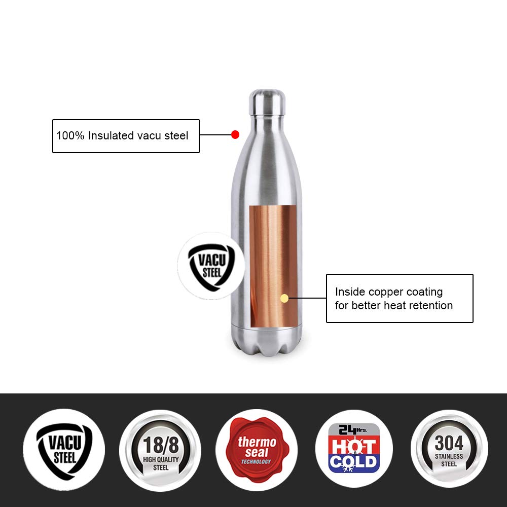 Stainless Steel Vacuum Flask For Hot Cold Drinks 500ml Easy Carry Travel Bottle With Thermoseal Silver Finish