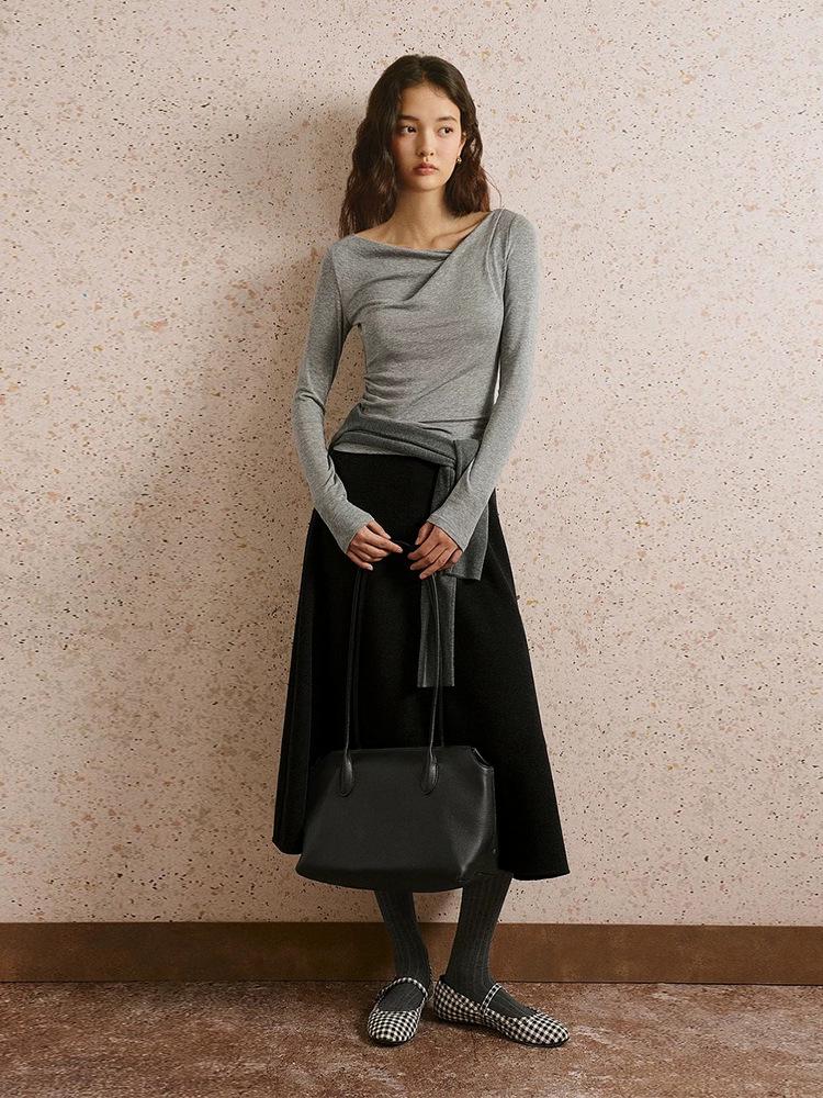 Wen Jiu A-Line Long Skirt: Slanted Cut Wool, Solid Color, Winter Elastic Waist, Slimming Half Skirt