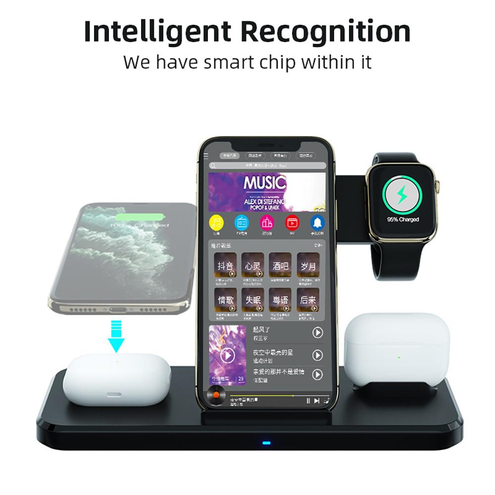 15W faltbares 4-in-1-Dual-Seat-QI-Wireless-Ladegerät für iPhone Samsung Schnellladestation für Apple Watch Airpods Pro