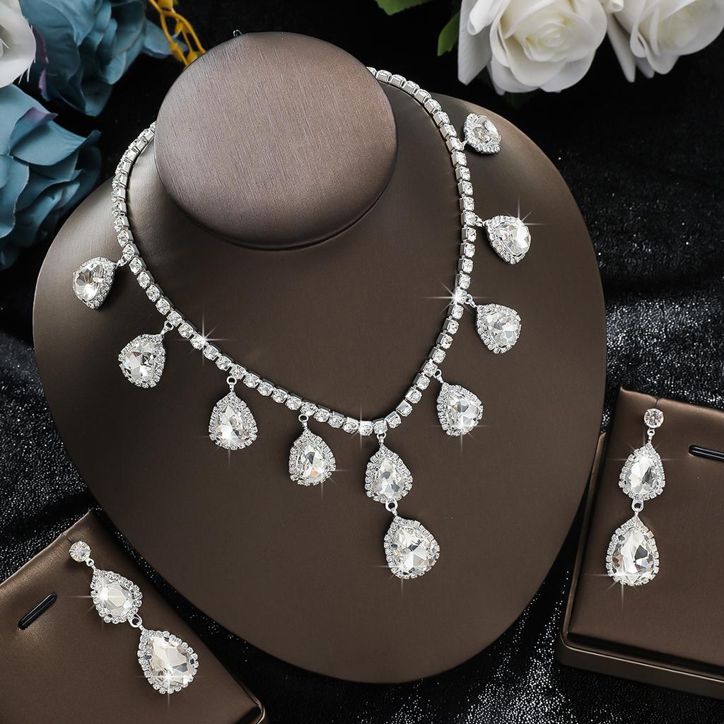 3PC Women's Fashionable Water Drop Necklace Earrings Zircon Set with High Luxury, Suitable for Wedding, Party, Festival Gifts