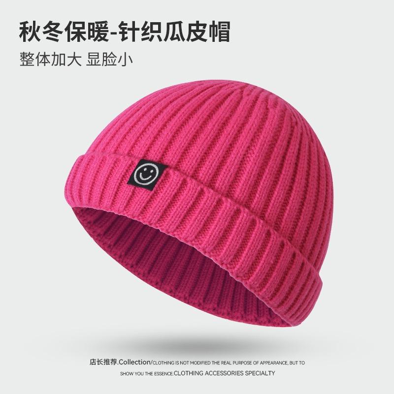 New Smiley Face Sticker Solid Color Knitted Hat Hip-hop Personality Warm Versatile Fashion Trend Casual Melon Hat