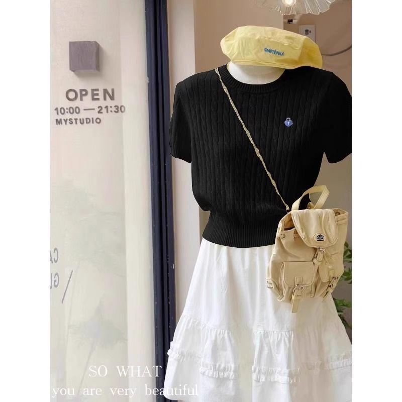 2025 Ice Silk Embroidered Knit Short Sleeve Straight Shoulder Women's Petite Summer Top