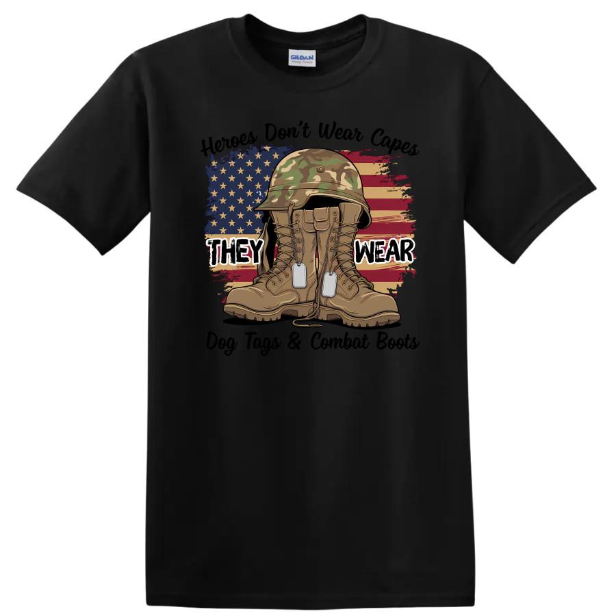 Military Boots Helmet American Flag Tribute T Shirt Veterans Wear Tee
