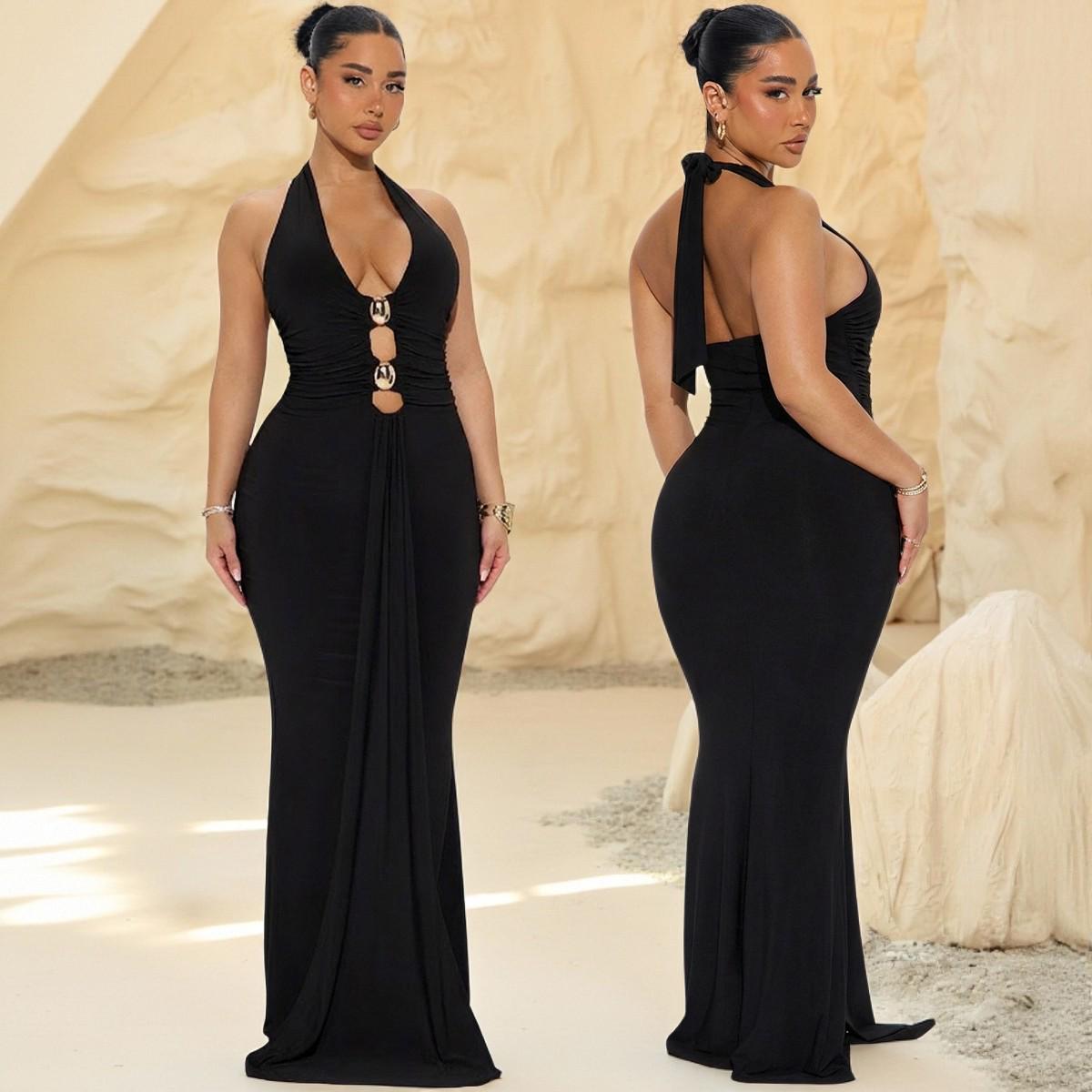 

European-Style Spicy Halter Backless Dress with Metal Waist Decoration, Cinched Hips, Long Slit, Sexy Evening Gown Small чорний