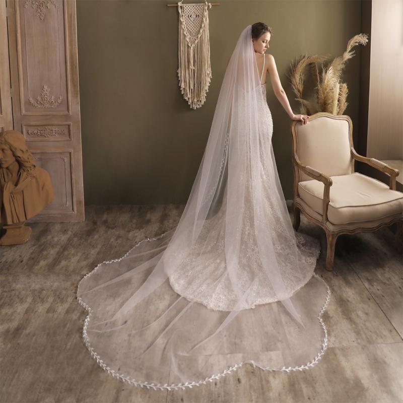 Wedding Veil with Comb Delicate Leaves Embroideries One Layer Long Drop Illusion Tulle Cathedral Length Chapel Veils