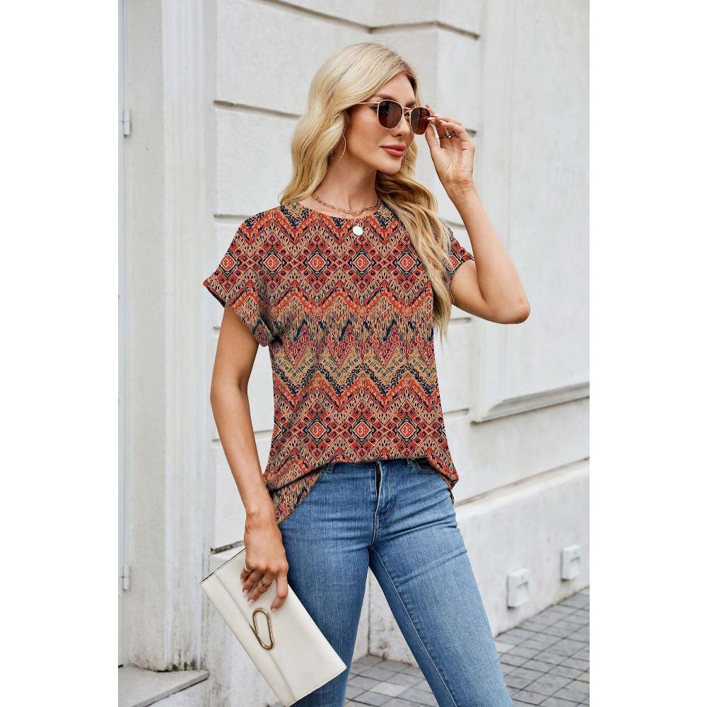 Summer Printed Round Neck Loose Short Sleeved T-shirt Casual Versatile Top for Women