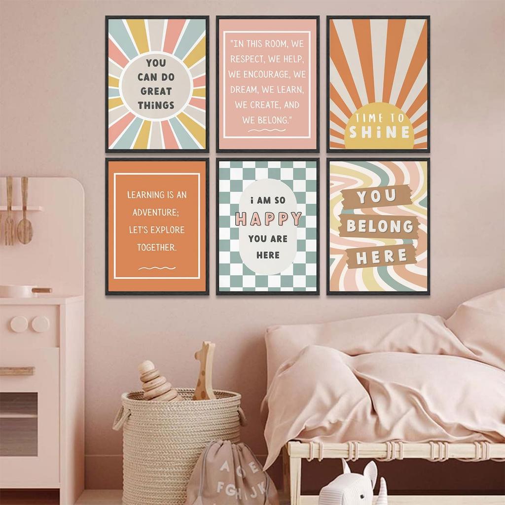 6Pcs Boho Pirational Posters Wall Art Positive Affirmations Growth Mindset Canvas Wall Decor Pictures Modern Classroom School Posters Wall Prints for