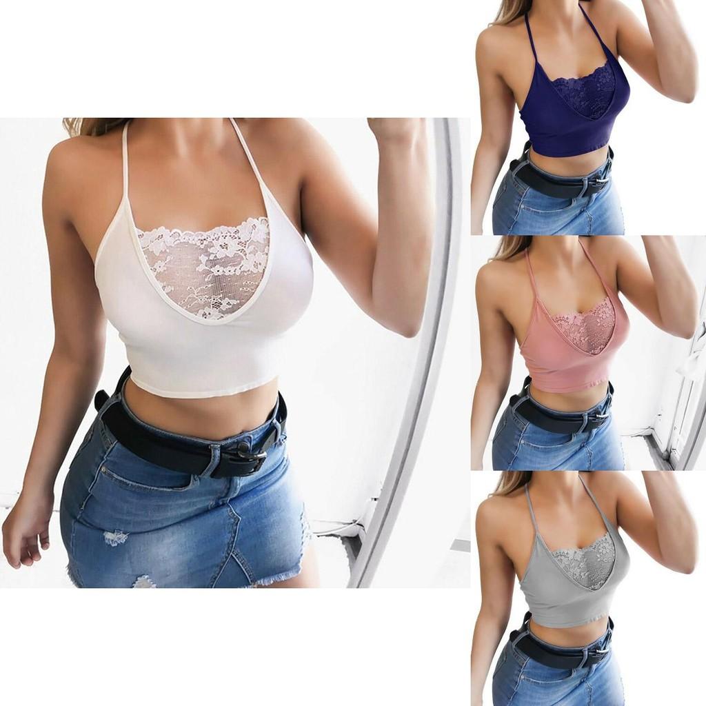 Elegant Womens Sexy Spaghetti Strap Cross Back Lace Crop Top For Clubwear