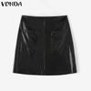 VONDA Women Autumn Solid Color Patch Pocket PU Leather Skirts