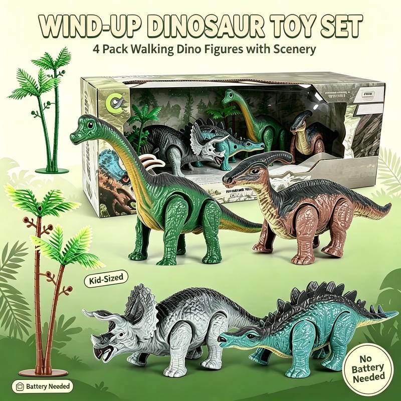 Wind-Up Automatic Walking Mechanical Dinosaur Toy Set,Realistic Dino Figures Educational Playset,Birthday Christmas Gift for Kid