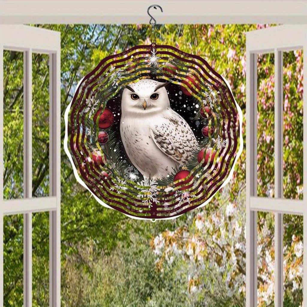 Weihnachts-Eule Windspiel Outdoor-Dekoration Hängend Drehbar Garten Terrasse Feiertagsdekoration Wetterfest 2D Dynamische Kunst mit 360-Grad-Drehhaken