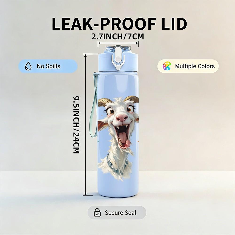 1PC Goat With Horn Funny Animal Print 750ml Color Plastic Sports Water Bottle Leakproof Flip Straw Lid Suitable for Sports Office Home Use