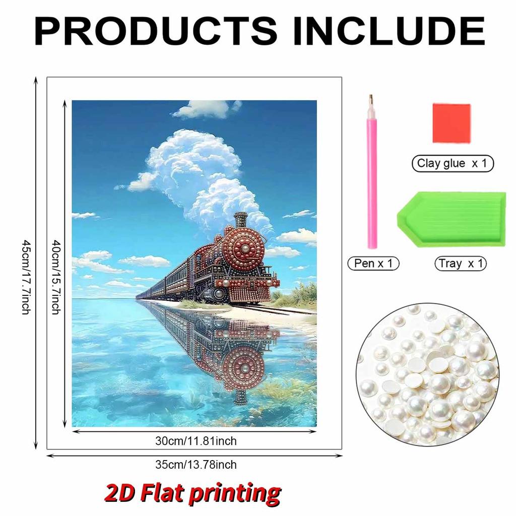 DIY Pearl Painting Set Train By The Lake Pattern Home Decoration Handmade Sticky Diamond Creative Canvas Pearl Art Painting Crafts Perfect Gift