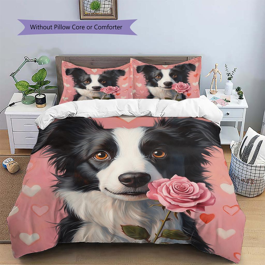 Pink Border Collie Pattern Bedding Home Decoration Birthday Gift (1 * duvet cover + 2 * pillowcase, without core)