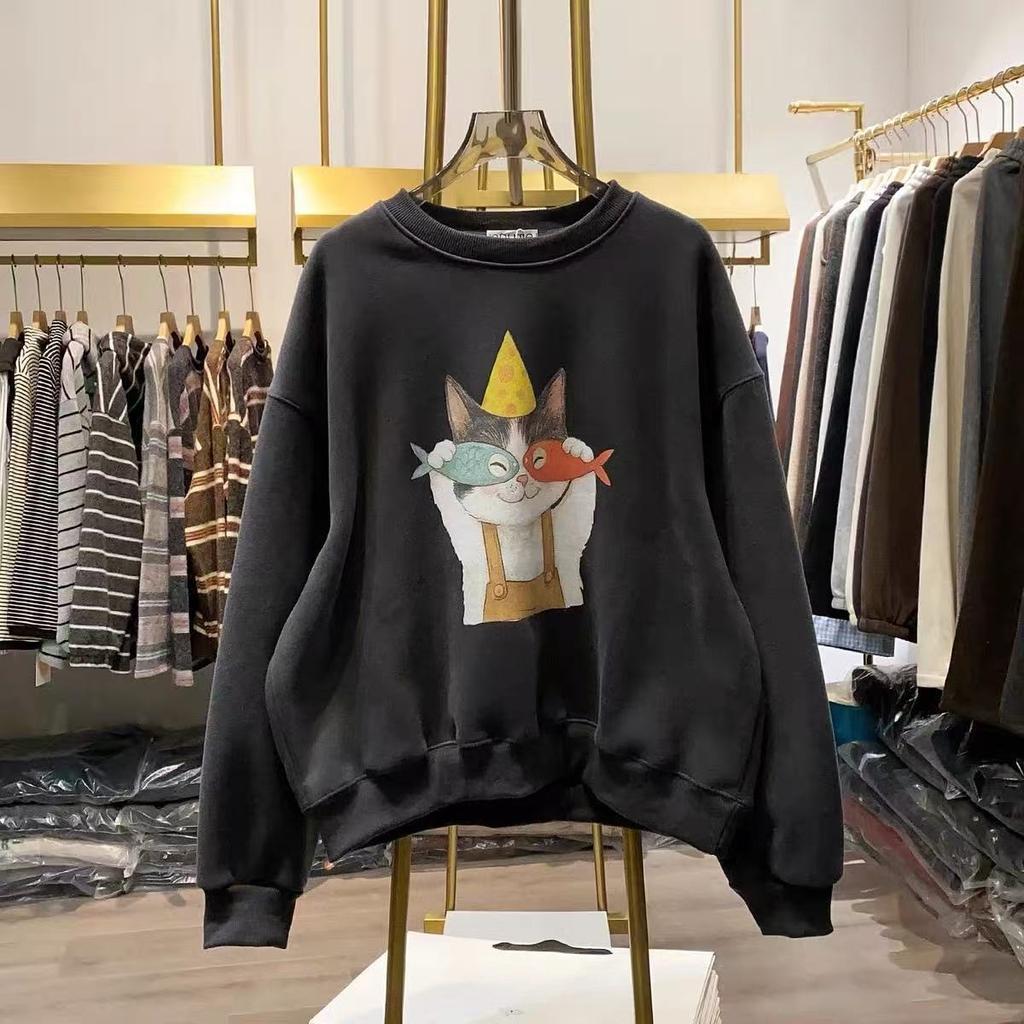 Round-neck Fleece Pullover Women's New Style Loose Cartoon Cat Hooded Casual Fall/winter Thick and Warm Top