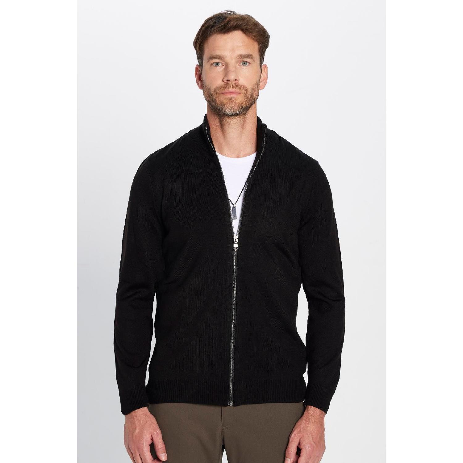 

Men s Slim Fit Narrow Cut Black Stand Collar Zippered Plain Cardigan S чёрный