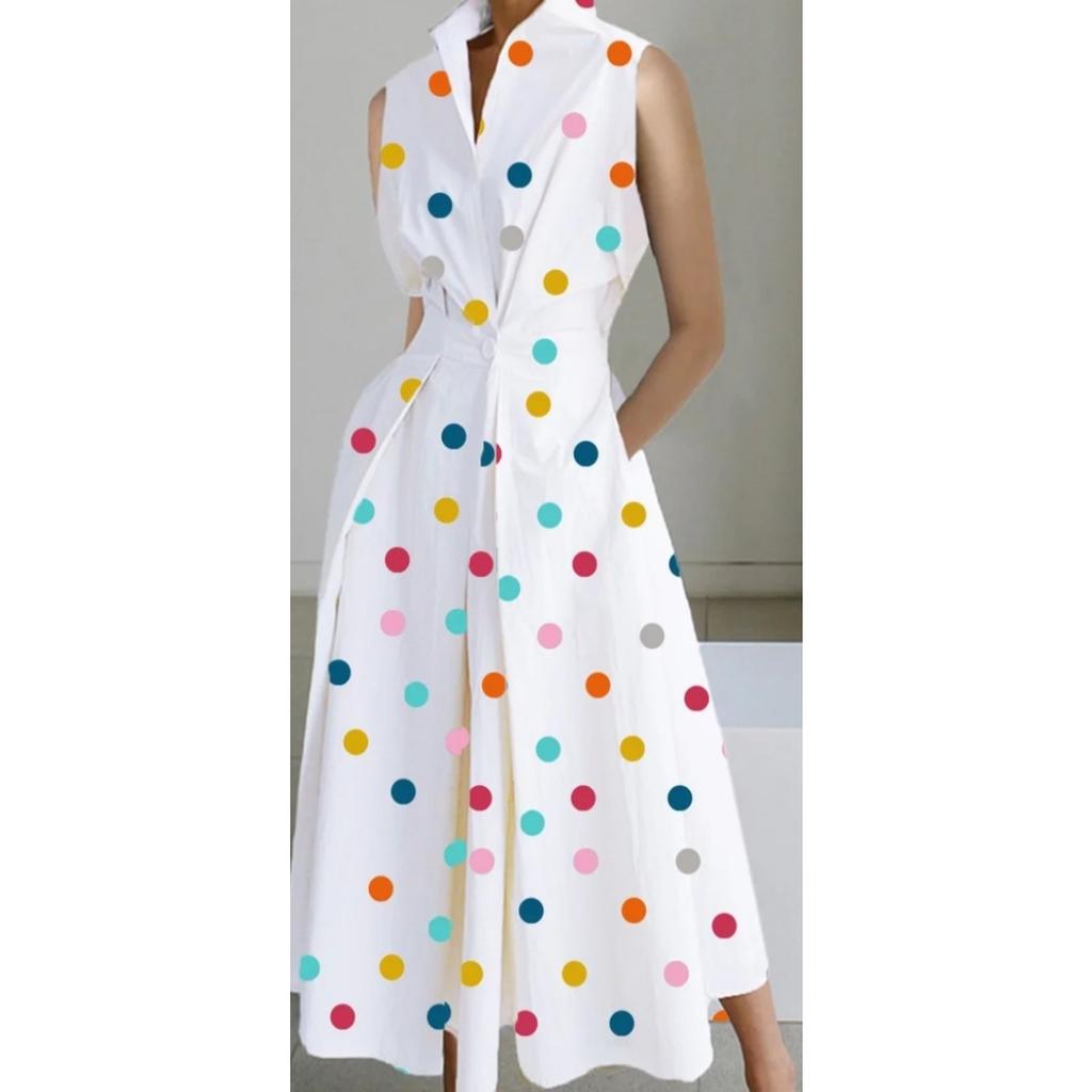 Women's Collared Sleeveless Floral Print Loose Fit Mid Waist Casual Maxi Dress