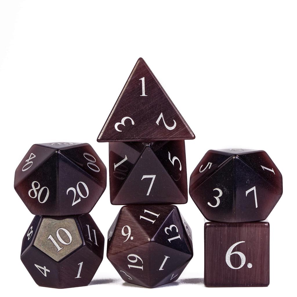 Cusdie Cat's Eye Stone DND Dice Handmade D4-D20 Polyhedral Gemstone Dice Set with Leather Box for Tabletop RPG Collection