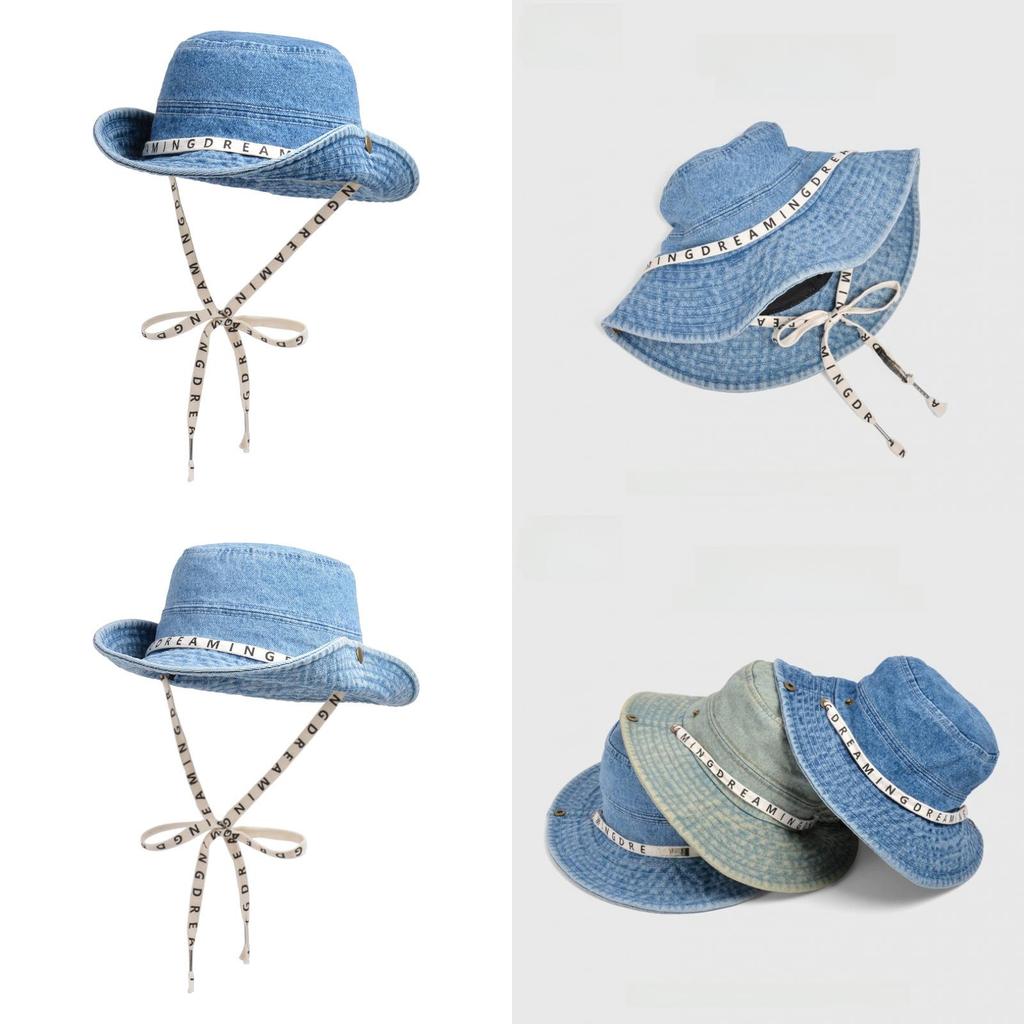 Summer Fashion Letter Strap Wide Brim Denim Fisherman Hat With Sun Protection For Women