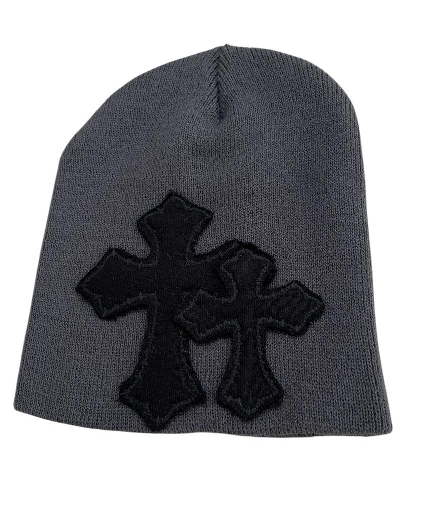 SK8ER ROCK Double Cross Patchwork Beanie ((Dark Gray))