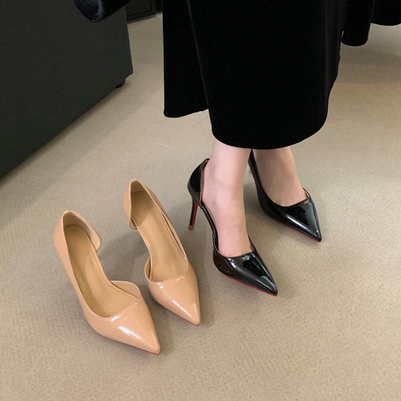 Black high heels women's thin heels temperament fashionable and thin autumn new side empty shallow mouth pointed single shoes