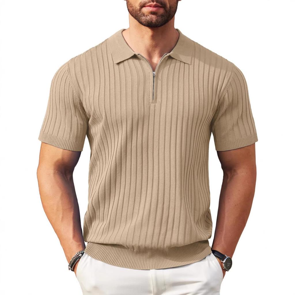 Men Short Sleeve Polo Shirt Knitted Ribbed Zip Collar Casual Modern Fit Lightweight Pullover Top for Everyday Wear