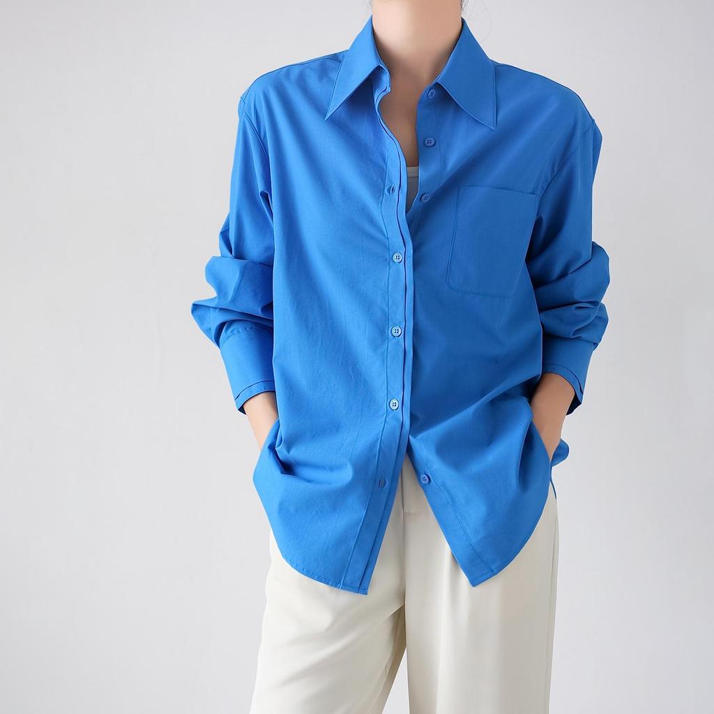Damen blaues zweireihiges Langarm-Tencel-Baumwollhemd